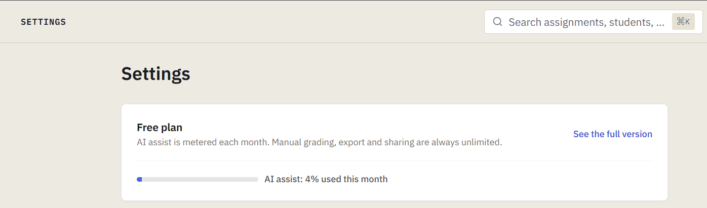 The AI assist meter in settings, showing the percentage of the monthly allowance used so far