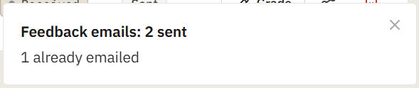 The summary that appears after a bulk send, showing how many emails went out and how many students were skipped
