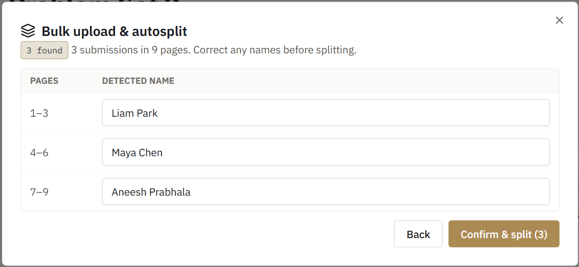 The matching results, listing each detected name against its page range so you can correct any before splitting