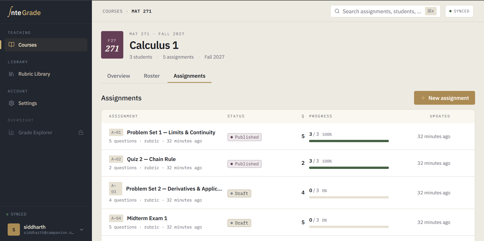 A course page listing its assignments with status and grading progress for each