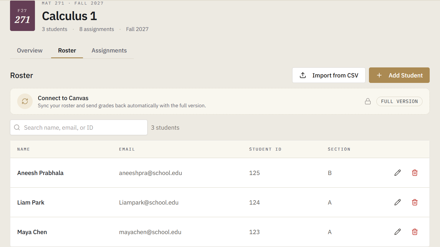 The course roster view, with the controls to add a student or import a roster from CSV