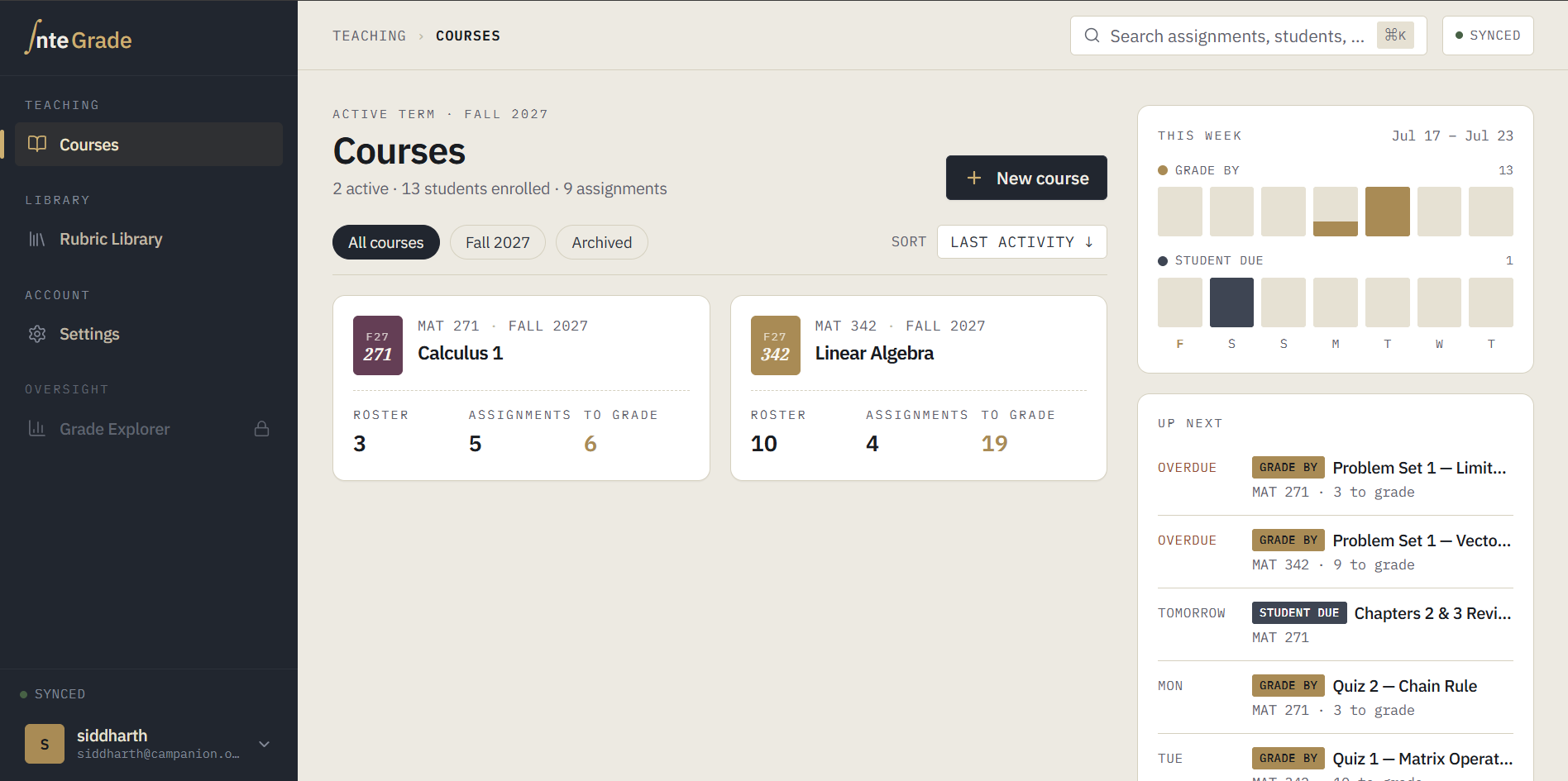 The dashboard showing course cards, the week's workload bars, and the Up next list