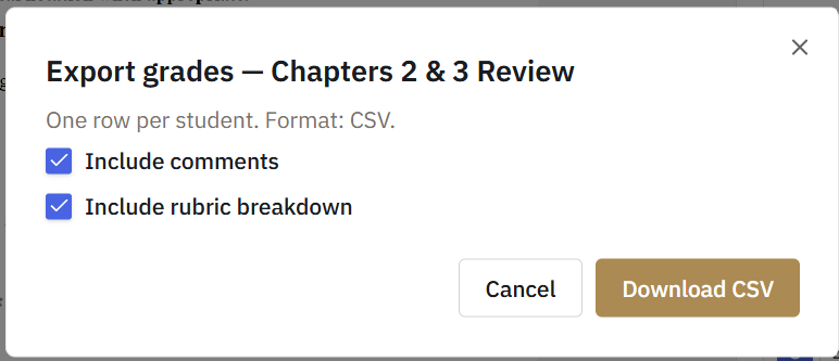 The export grades dialog, with the options to include comments and the rubric breakdown