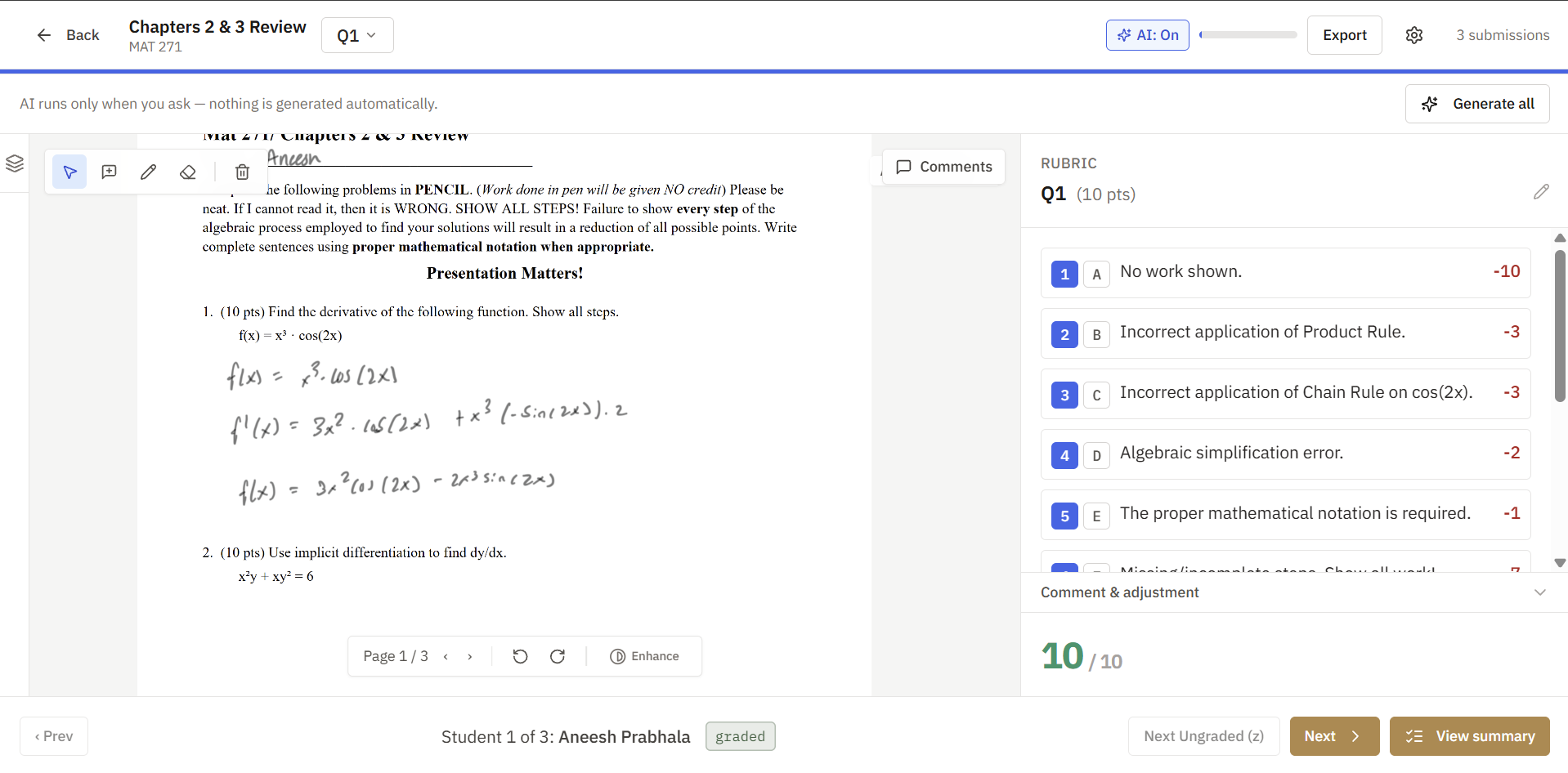 The grading view, with the submission viewer, the rubric panel, and the navigation controls