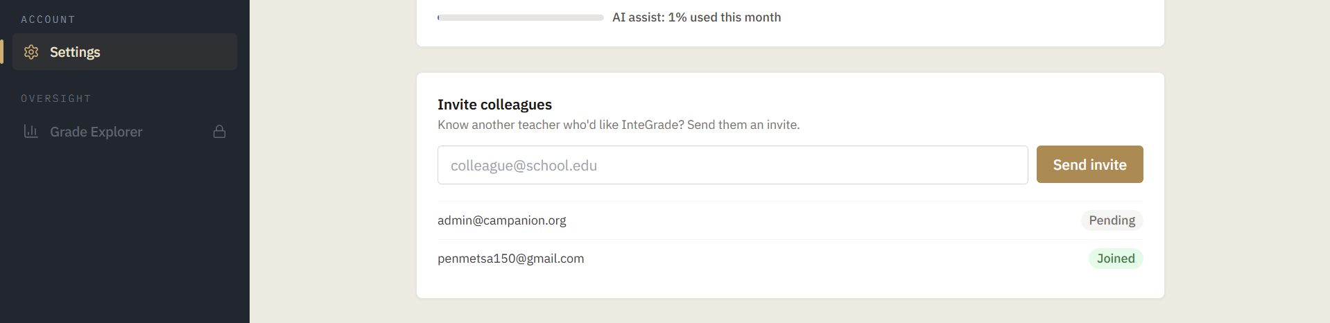 The Invite colleagues panel in settings, showing one pending invite and one that has joined