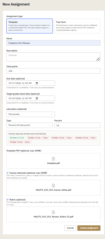 The new assignment form with a template PDF, course materials, and a rubric attached