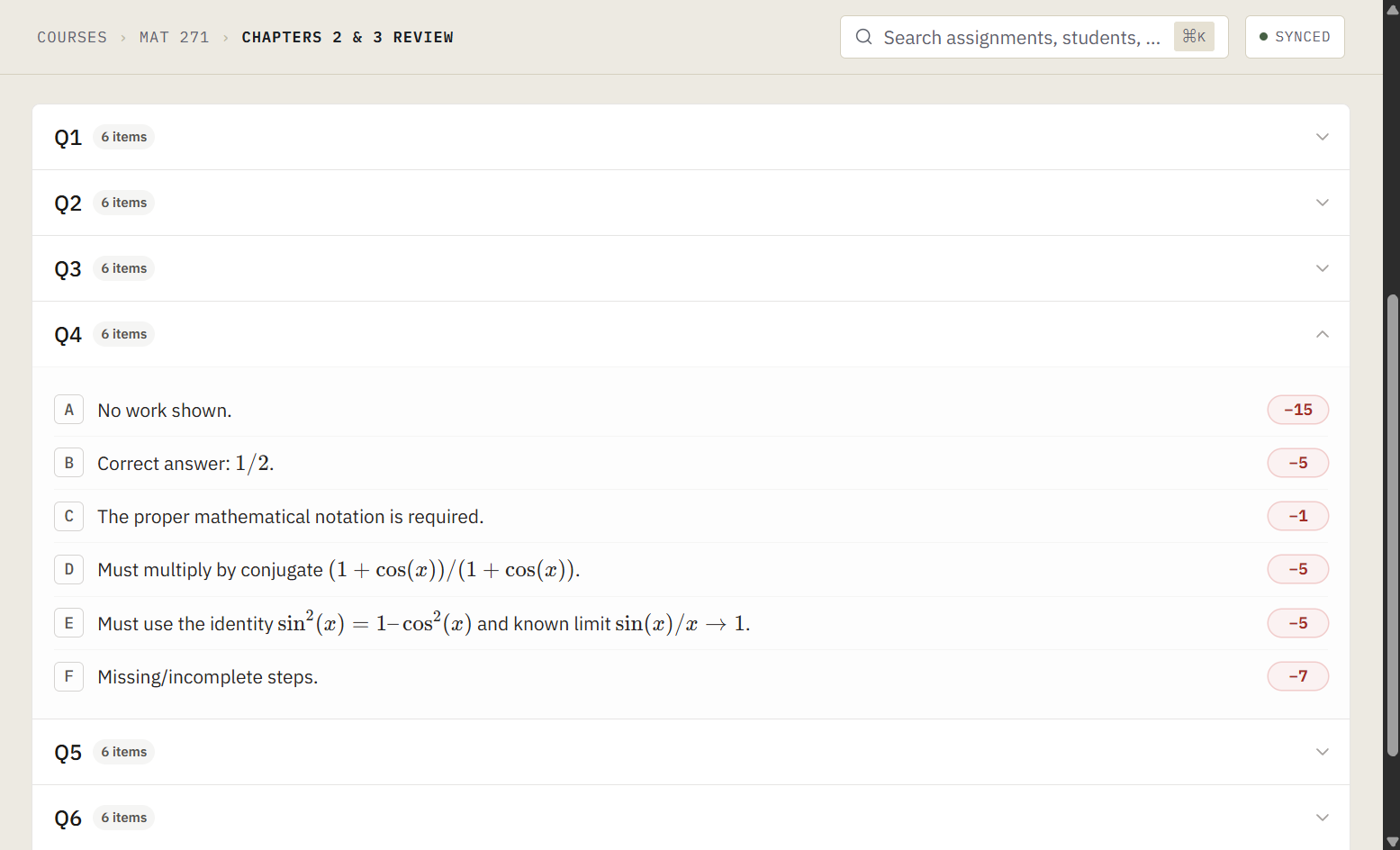 The outline editor pre-populated by a rubric import, showing its questions and rubric items already in place