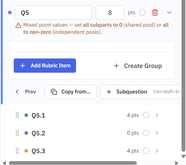 The outline editor showing a warning icon on a question whose subparts mix 0-point and positive-point items