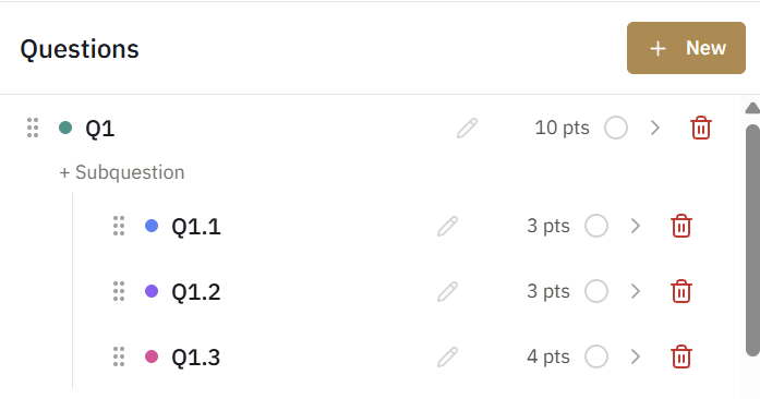 The outline editor with question Q1 expanded to show its subquestions and their points