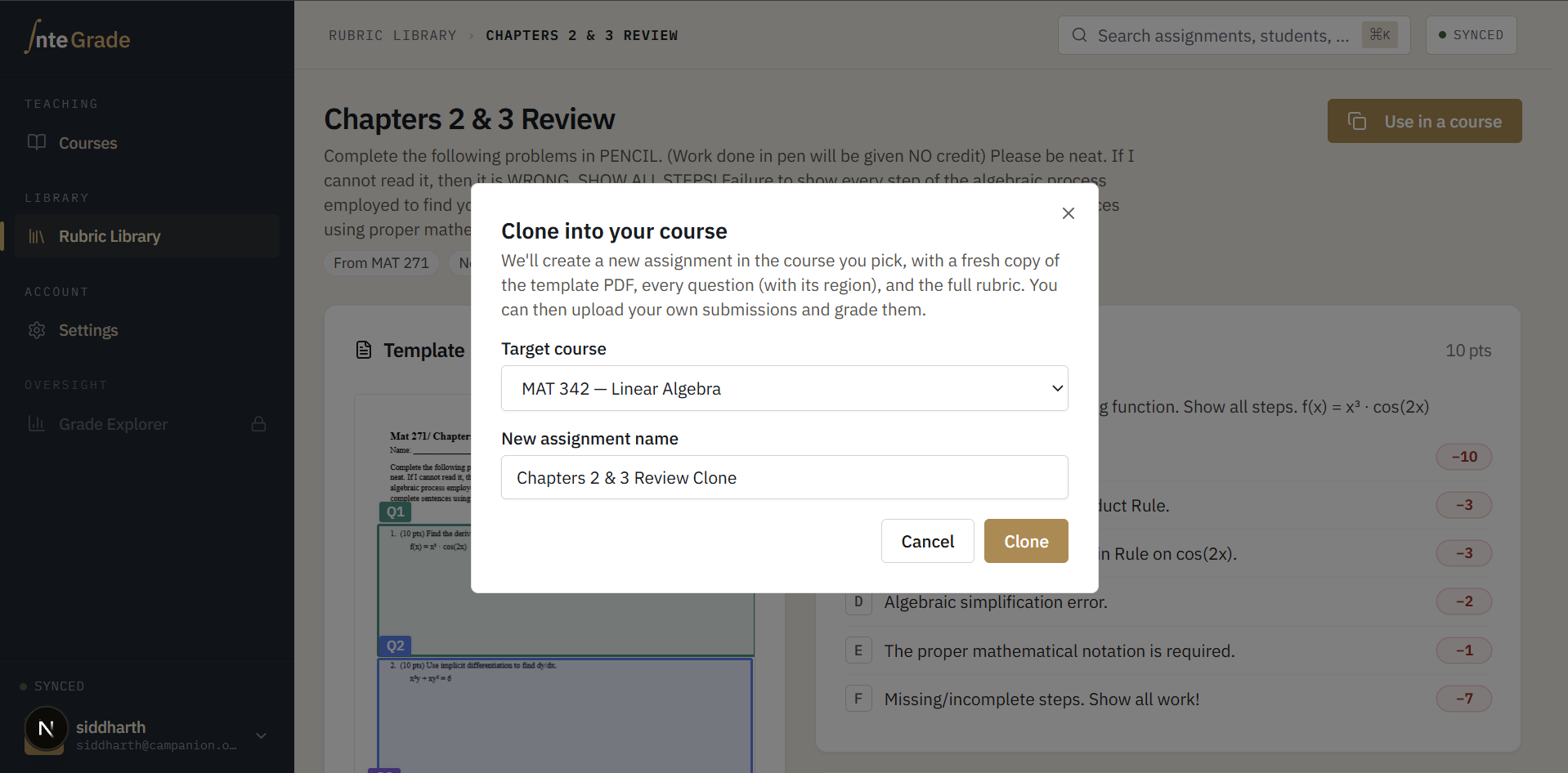 The Clone into your course dialog, picking a target course and naming the new assignment