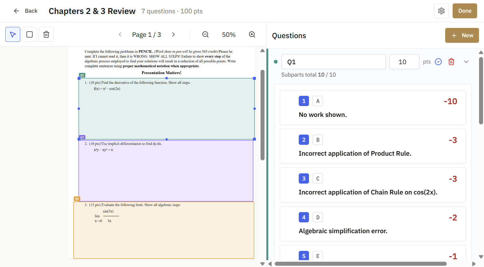 The rubric panel for a question, listing several items with their point deductions