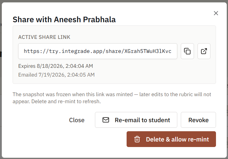 The same dialog after the link is created, showing the link, when it expires, and when it was emailed