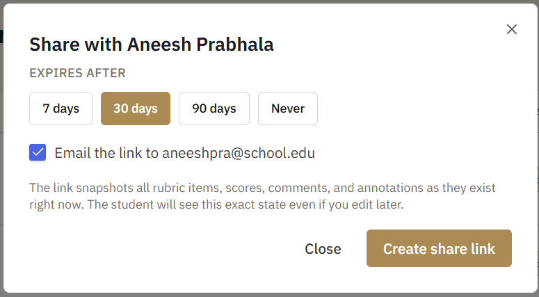 The share dialog before the link exists, with the expiry choice and the option to email the link to the student