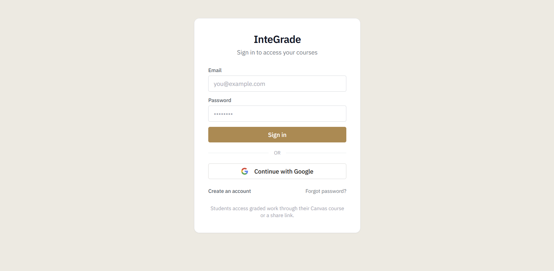 The InteGrade sign-in page, with email fields and the option to continue with Google
