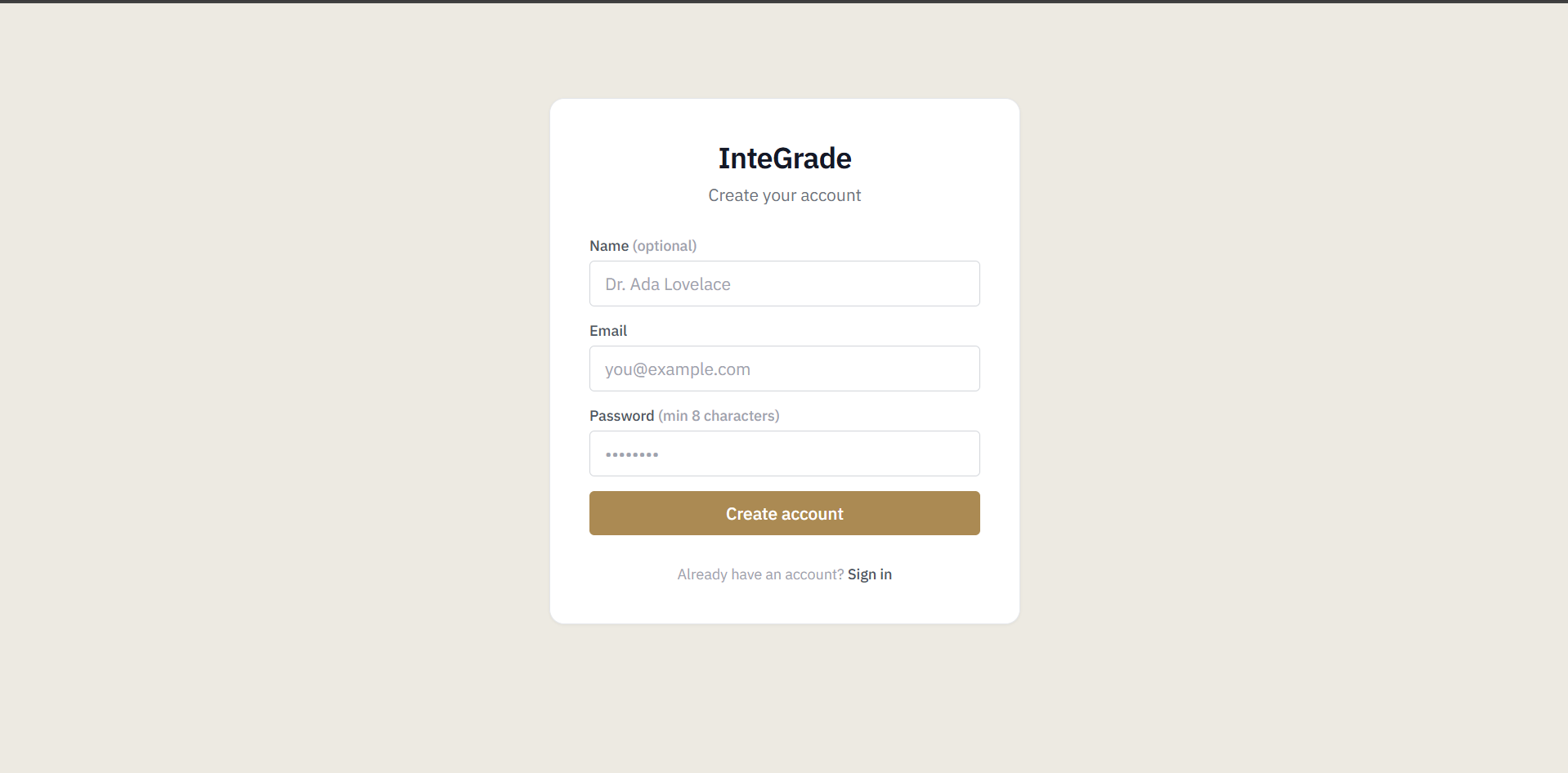The InteGrade sign-up page