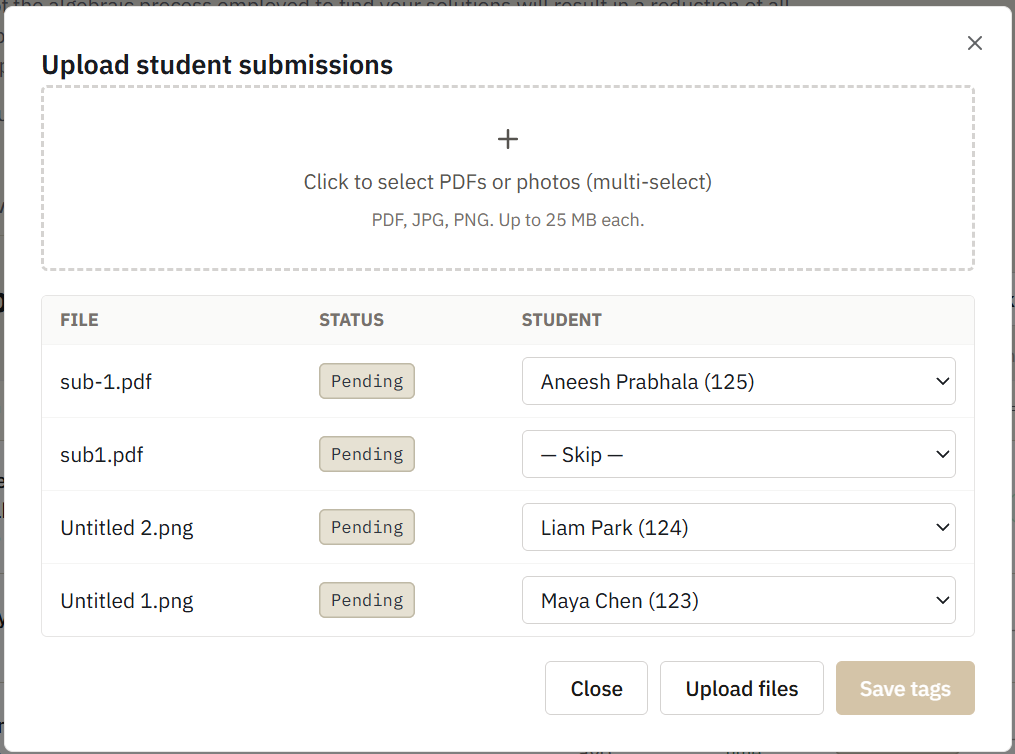The teacher submission upload screen with a mix of PDFs and phone photos queued, showing the PDF and photo file types side by side