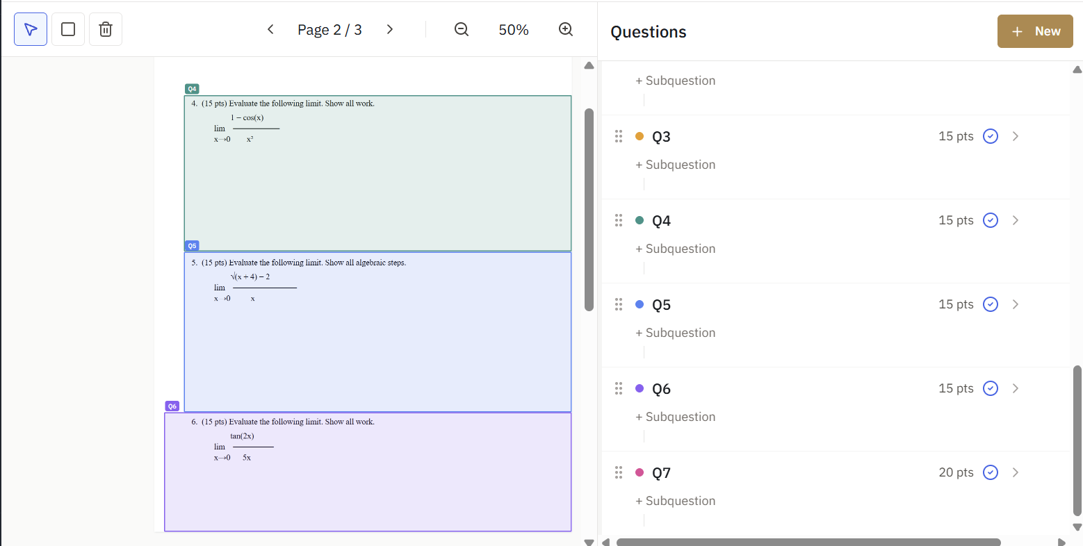 A template PDF in the region editor with coloured regions drawn around each question's answer area