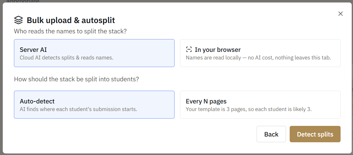 The upload wizard asking whether to read names in your browser or with InteGrade's AI