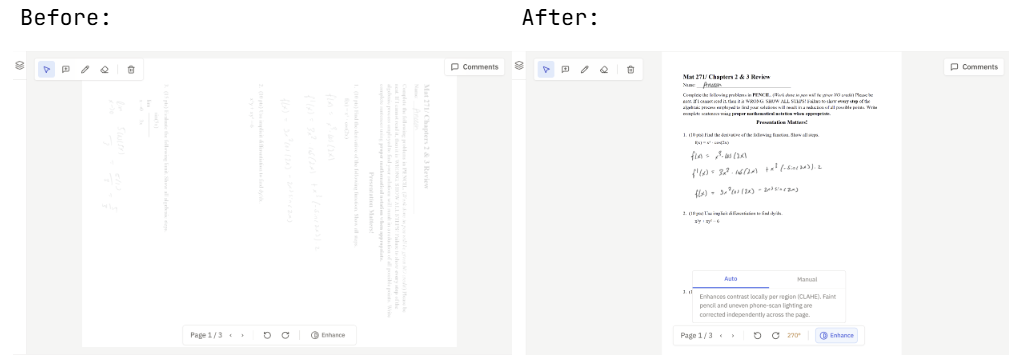 A sideways, faint phone photo before correction, and the same page after rotating it and turning on Enhance